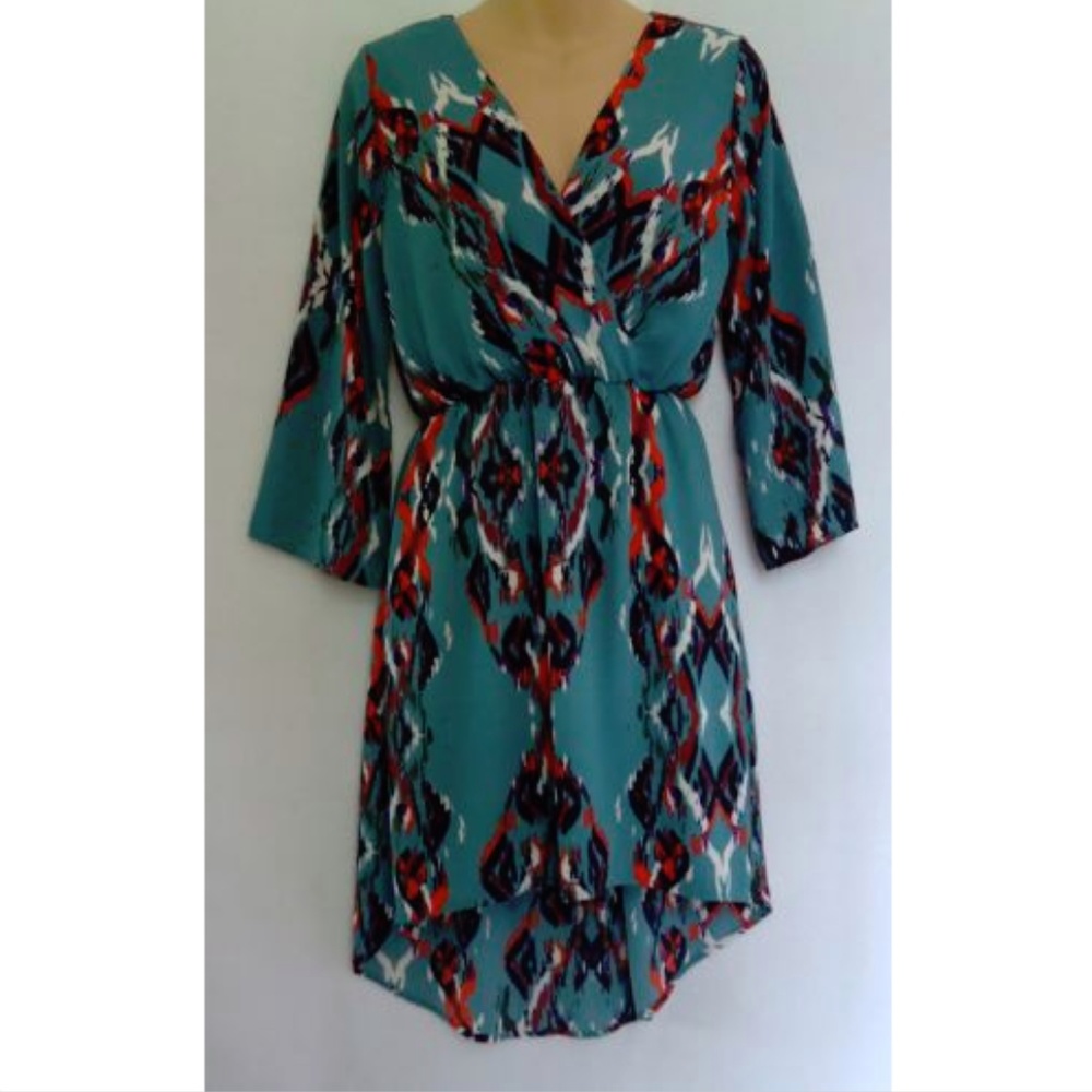 Everly Faux Wrap Dress High Low 3/4 Sleeve